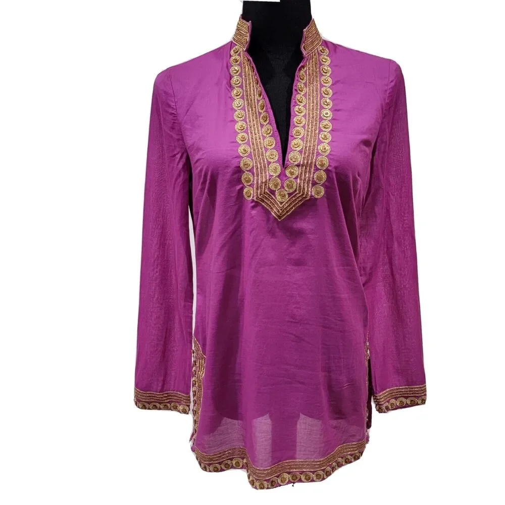 Tory Burch Magenta Sheer Gold Embroidered Beaded Button Trim Tunic Small Artsy - Picture 1 of 12